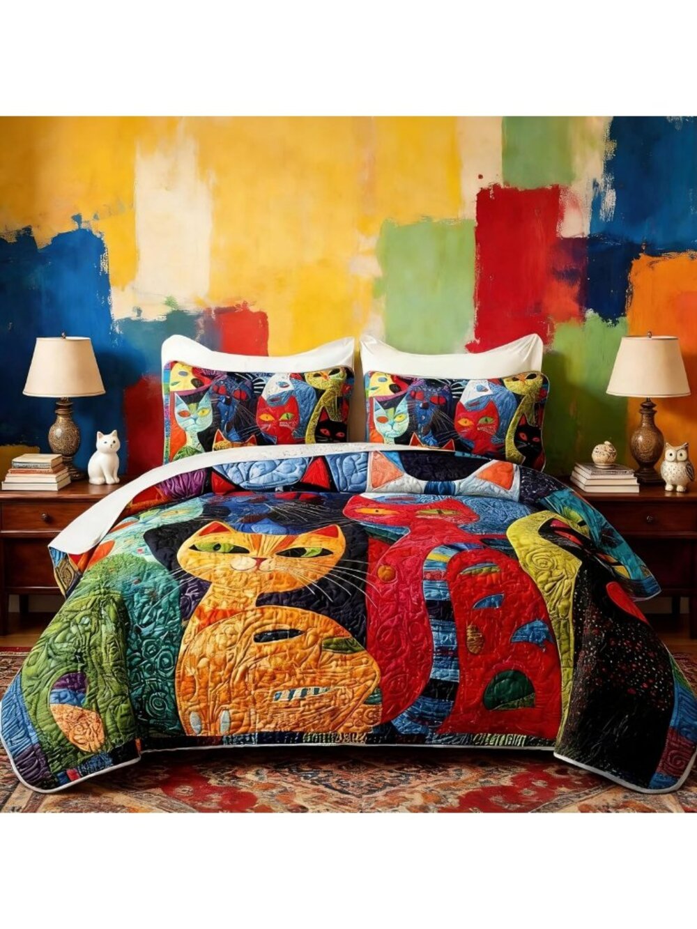 Colorful Plaid Patchwork Cat Quilt Full Size with 2 Pillowcases - Cozy Bedding